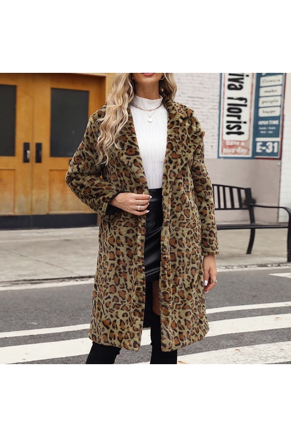 Womens Winter Coat Trendy Fleece Jacket Ladies Warm Long Coat Jacket Winter Leopard Print V-neck Thick Outerwear