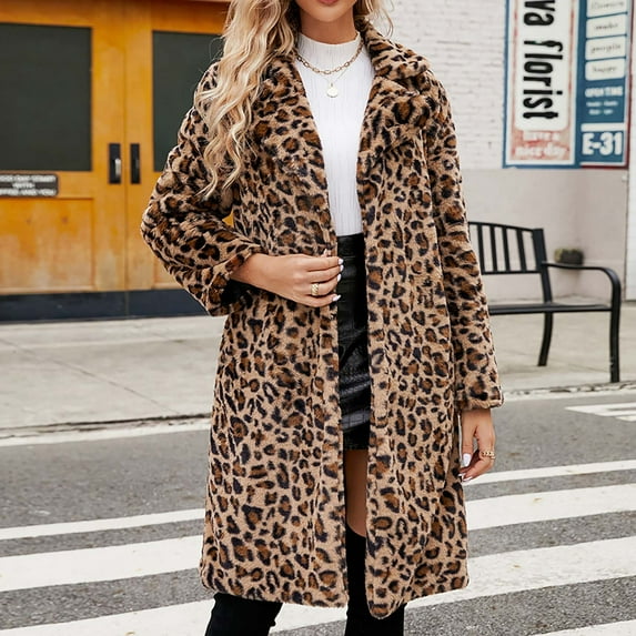 Levmjia Womens Winter Coat Trendy Fleece Jacket Ladies Warm Faux Furry Long Coat Jacket Winter Leopard Print V-neck Thick Outerwear