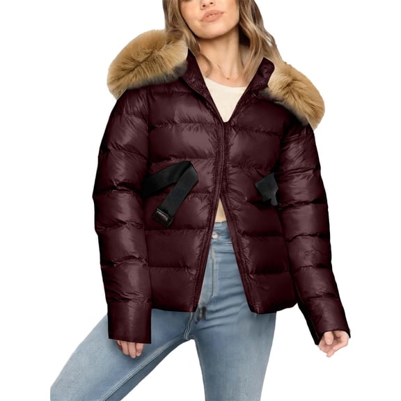 Levmjia Womens Winter Hooded Jacket Pure Color Fashion Faux-Fur Collar Down Short Puffer Coat Warm Zippered Pockets Windproof Outdoor Commuter Travel Casual