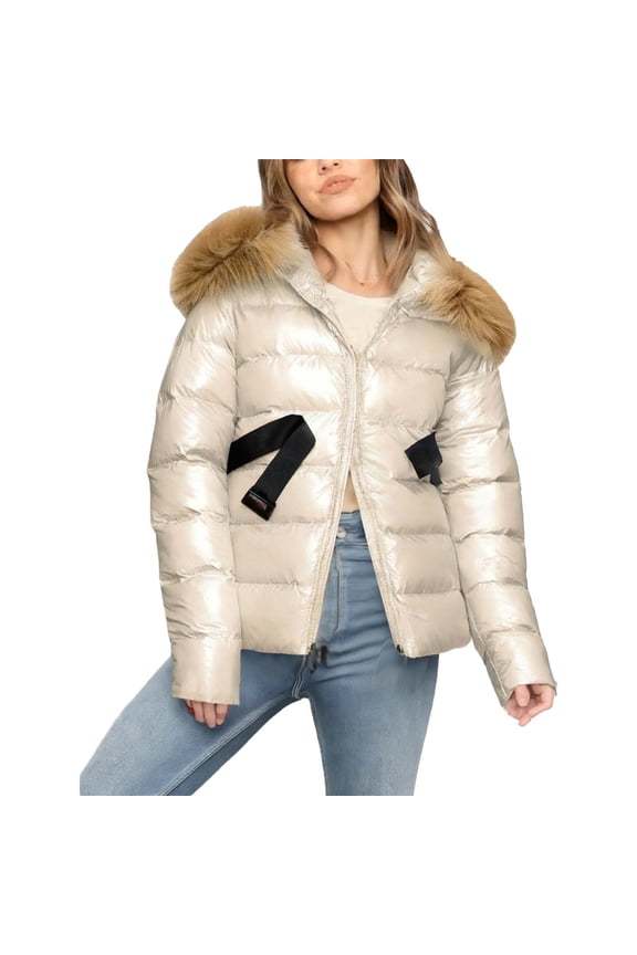 Womens Winter Hooded Jacket Pure Color Fashion Faux-Fur Collar Down Short Puffer Coat Warm Zippered Pockets Windproof Outdoor Commuter Travel Casual