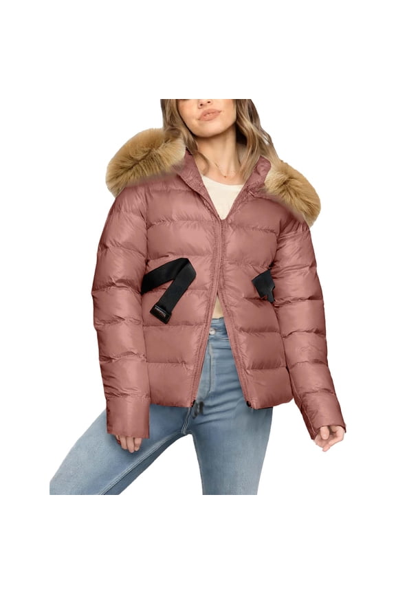 Womens Winter Hooded Jacket Pure Color Fashion Faux-Fur Collar Down Short Puffer Coat Warm Zippered Pockets Windproof Outdoor Commuter Travel Casual