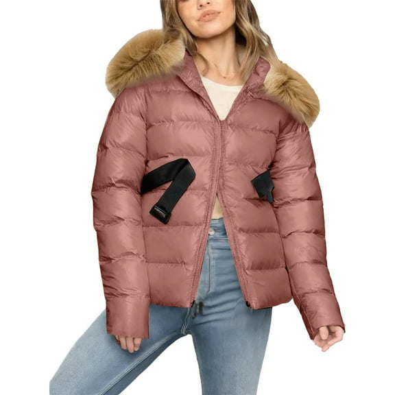 Levmjia Womens Winter Hooded Jacket Pure Color Fashion Faux-Fur Collar Down Short Puffer Coat Warm Zippered Pockets Windproof Outdoor Commuter Travel Casual