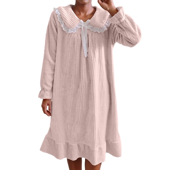 Levmjia Womens Winter Nightgown Long Sleeve Flannel Bow Princess Style Sleepwear Soft Warm Comfortable Night Dress For Home Relaxation Sleep