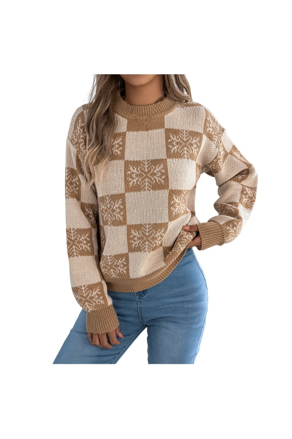 Womens Winter Sweater Casual Long Sleeve Acrylic Pullover Fashion Casual Round Neck Plaid Color Matching Head Ruffled Comfortable Wear Tops
