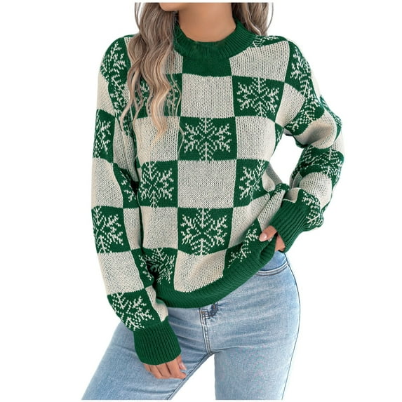 Levmjia Womens Winter Sweater Casual Long Sleeve Acrylic Pullover Fashion Casual Round Neck Plaid Color Matching Head Ruffled Comfortable Wear Tops
