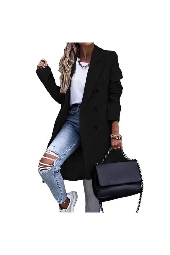 Womens Wool Coat Double Breasted Pure Color Long Jacket Lace Up Warm Winter Overcoat Casual Outwear For Office Commute And Holiday Travel