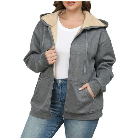 Levmjia Womens Zip Up Hoodies Fluffy Sweater Coat Winter Warm Thickened Solid Color Jackets With Pockets Casual Oversized Sweatshirts For Outdoor Travel Plus Size