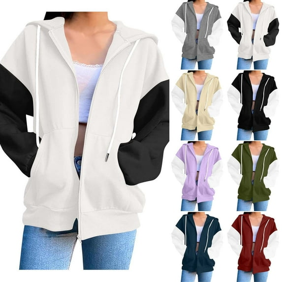 Levmjia Zip Up Hoodies for Women Oversized Sweatshirts Fall Cute Y2k Clothes Winter Vintage Streetwear Color Block Jackets Purple,XXL