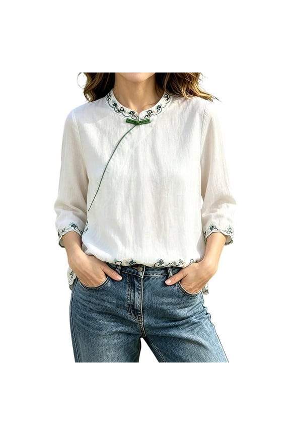 Women's Spring Summer Blouse Short Sleeve Crew Neck Loose Fit Chinese Style Embroidered Top Casual Loose Pullover Shirt