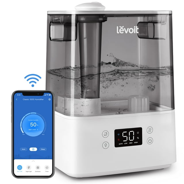 Levoit Cool Mist Humidifier for Room, Smart Top Fill with Nightlight, 6L,Gray
