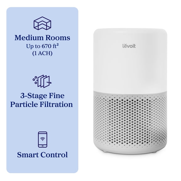 Levoit Core 200S-P 670 Sq Ft 3-Stage Filtration Smart Air Purifier, Gray