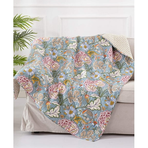 Levtex - Angelica - Quilted Throw - 50x60in. - Floral - Aqua Taupe Green Blue Orange Pink Grey - Reversible Pattern - Cotton