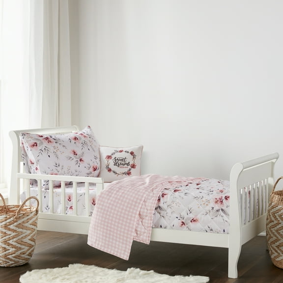 Levtex Baby - Adeline Toddler Bed Set - Blush, Pink, Grey and White - Classic Floral - 5 Piece Set Includes Reversible Quilt, Fitted Sheet, Flat Sheet, Pillow Case, Decorative Pilow