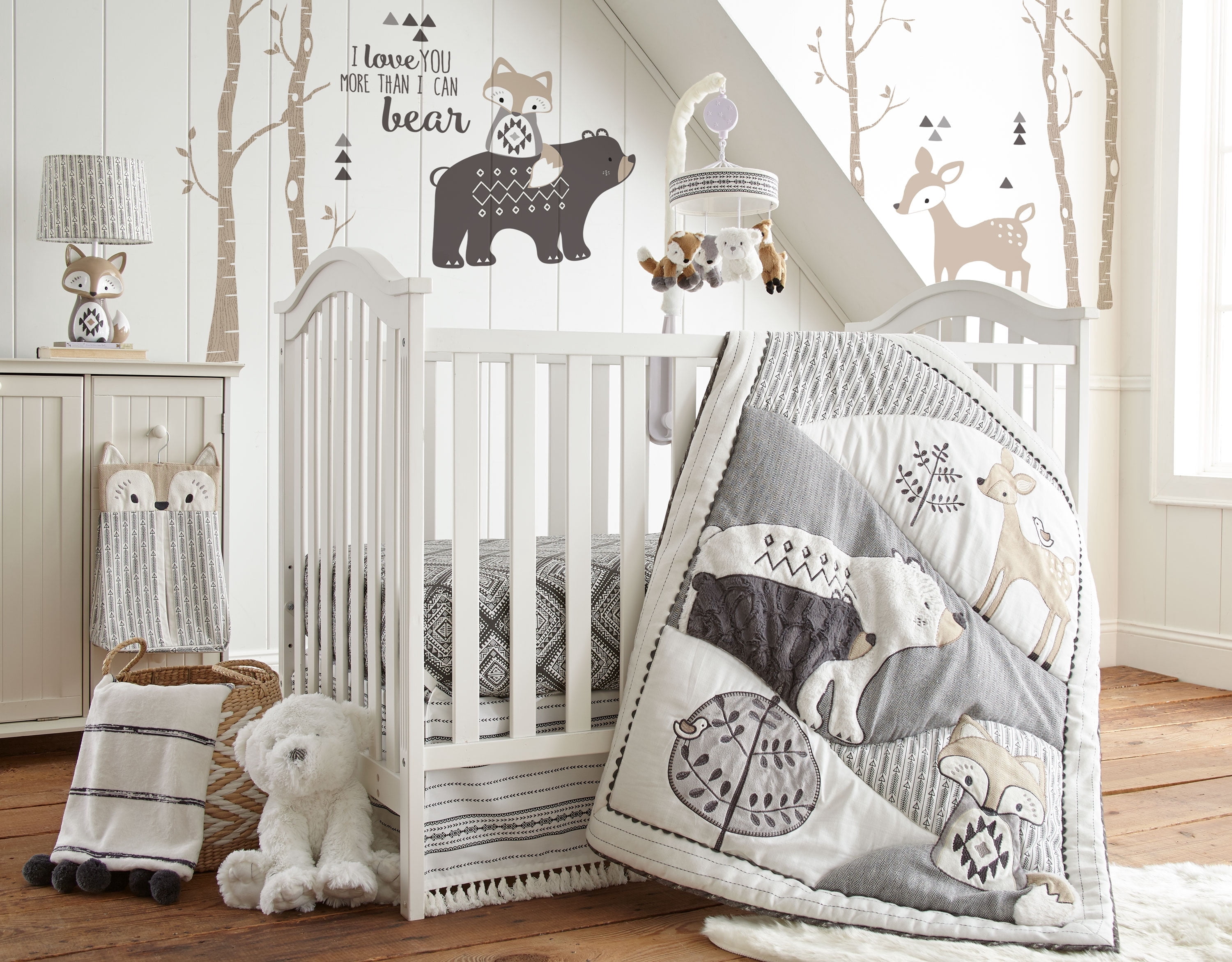 Levtex Baby - Bailey Crib Bed Set - Baby Nursery Set - Charcoal, Taupe, White - Neutral Forest Theme - 5 Piece Set Includes Quilt, Fitted Sheet, Diaper Stacker, Wall Decal & Skirt/Dust Ruffle