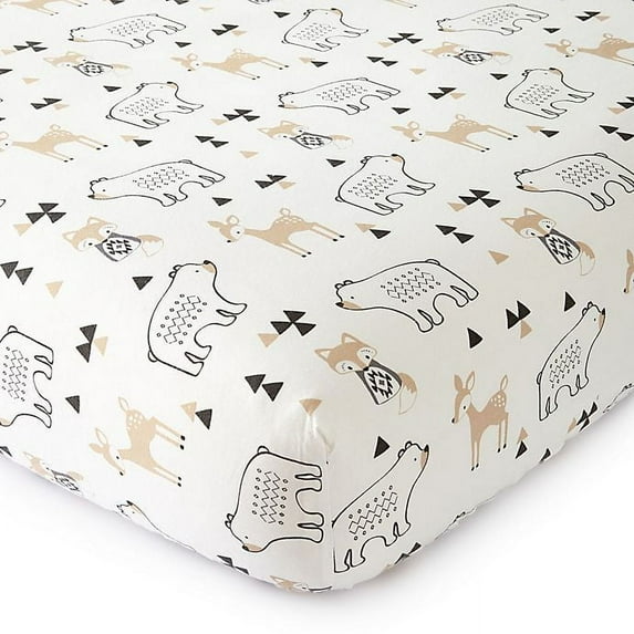 Levtex Baby - Bailey Crib Fitted Sheet - Fits Standard Crib and Toddler Mattress - Tossed Fox, Bear And Deer - Charcoal, Taupe, White - Nursery Accessories - 100% Cotton