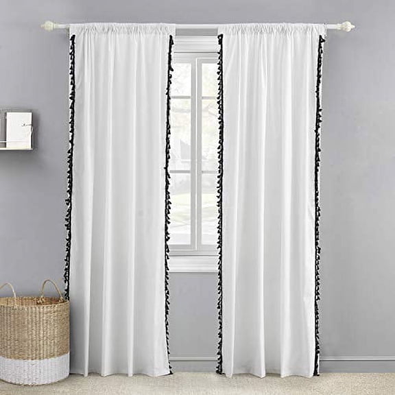 Levtex Baby - Black Tassel Drape Panel - Window Panel with Rod Pocket - One Curtain Panel 84 inch Length - Black and White - 100% Cotton - Unlined