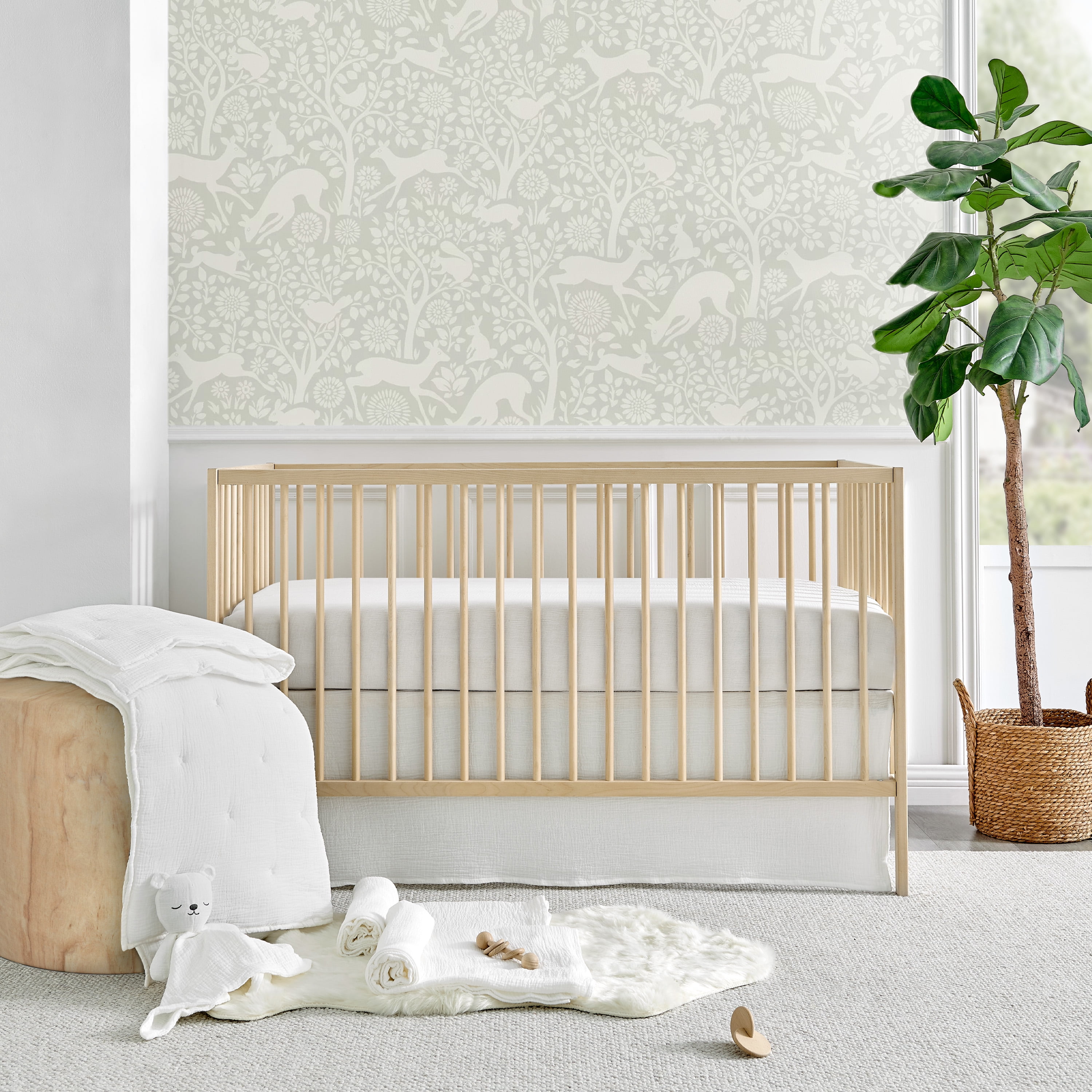 Levtex Baby - Cloud Muslin Crib Bed Set - Baby Nursery Set - White and White Stars - White Textured Muslin - 5 Piece Set Includes Quilt, Fitted Sheet, Two Swaddles & Bear Lovey