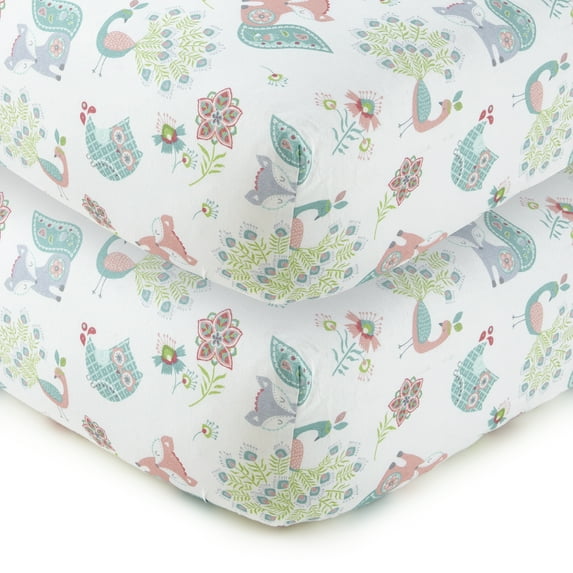 Levtex Baby - Fiona Crib Fitted Sheet Set of 2 - Fit Standard Crib and Toddler Mattress - Tossed Woodland Animals - Pink, Teal, Green, White - Nursery Accessories - 100% Cotton