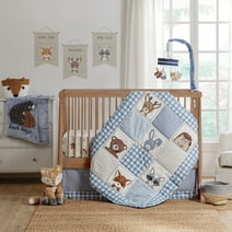 Levtex Baby - Forest Friends Crib Bed Set - Baby Nursery Set - Gingham - Blue and White - Animal Portraits - 5 Piece Set Includes Quilt, Two Fitted Sheets, Wall Decal & Skirt/Dust Ruffle