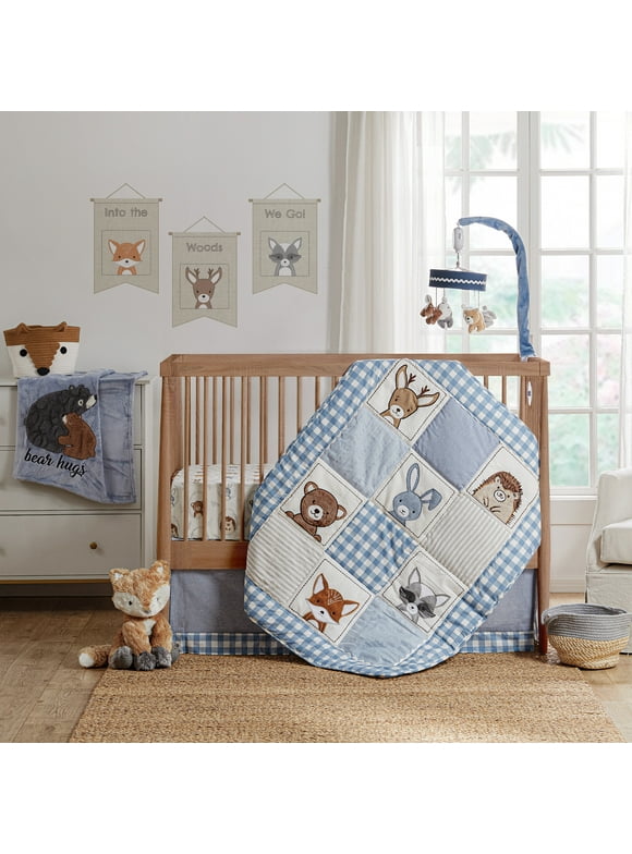Levtex Baby - Forest Friends Crib Bed Set - Baby Nursery Set - Gingham - Blue and White - Animal Portraits - 5 Piece Set Includes Quilt, Two Fitted Sheets, Wall Decal & Skirt/Dust Ruffle