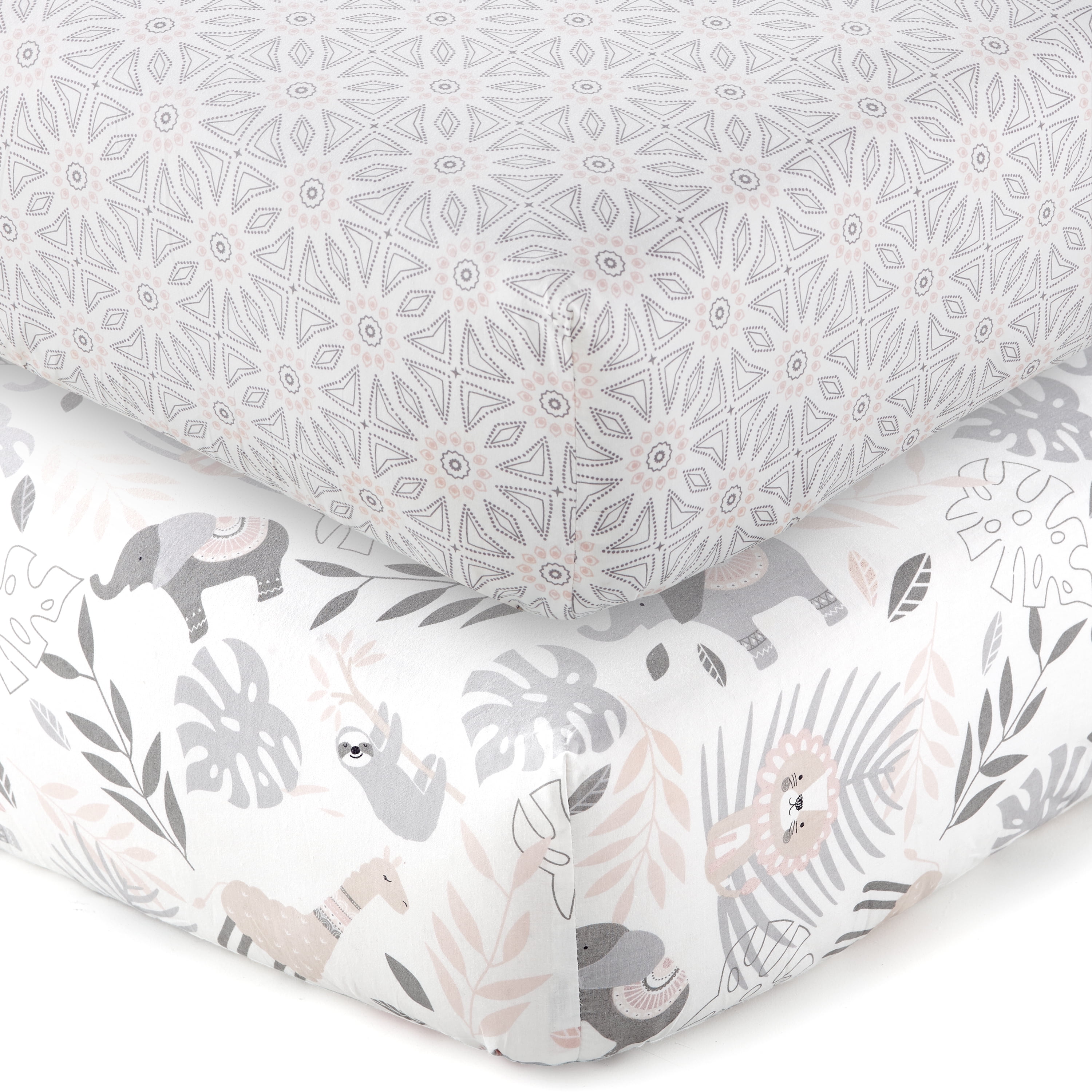 Levtex Baby - Imani Crib Fitted Sheet Set of 2 - Fits Standard Crib and Toddler Mattress - Tossed Animals / Medallions - Pink, Grey, Taupe, White - Nursery Accessories - 100% Cotton