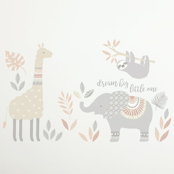Levtex Baby - Imani Resuable Wall Decal - Llama, Elephant, Lion, Sloth - Grey, Taupe, Pink, - Nursery Accessories - Size: 19 x 35.5in.