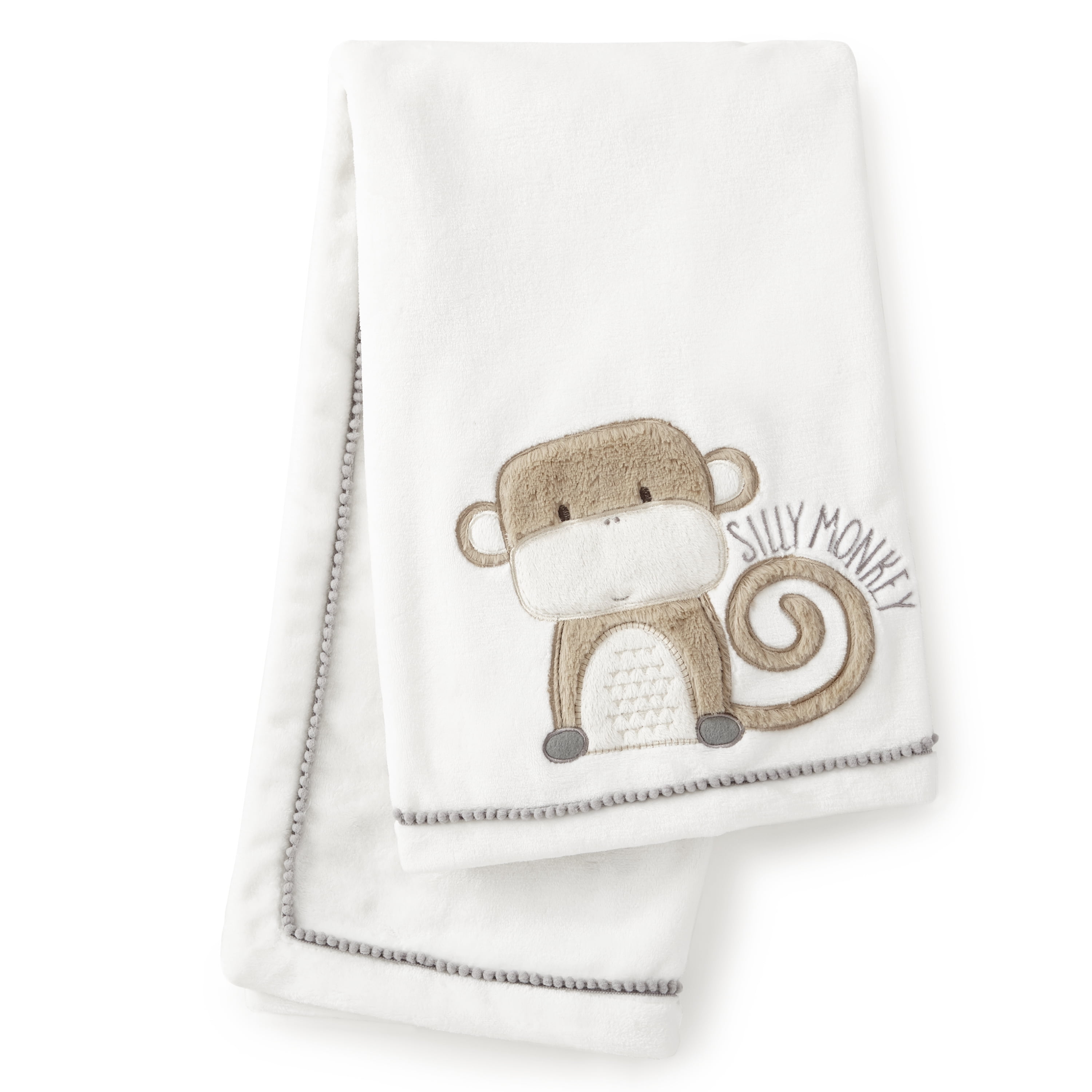 Levtex Baby - Kenya Plush Blanket - Embroidered Monkey - Grey and Taupe - Nursery Accessories - Blanket Size: 30 x 40 in.
