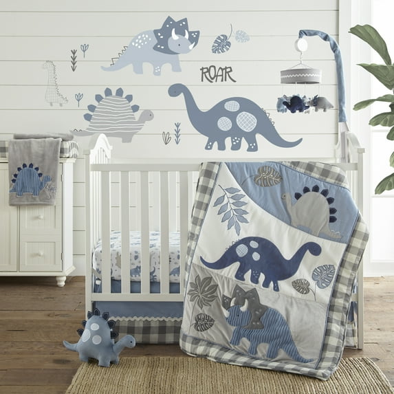 Levtex Baby - Kipton Crib Bed Set - Baby Nursery Set - Grey, White and Blue - Dinosaurs and Leaves - 4 Piece Set Includes Quilt, Fitted Sheet, Wall Decal & Skirt/Dust Ruffle
