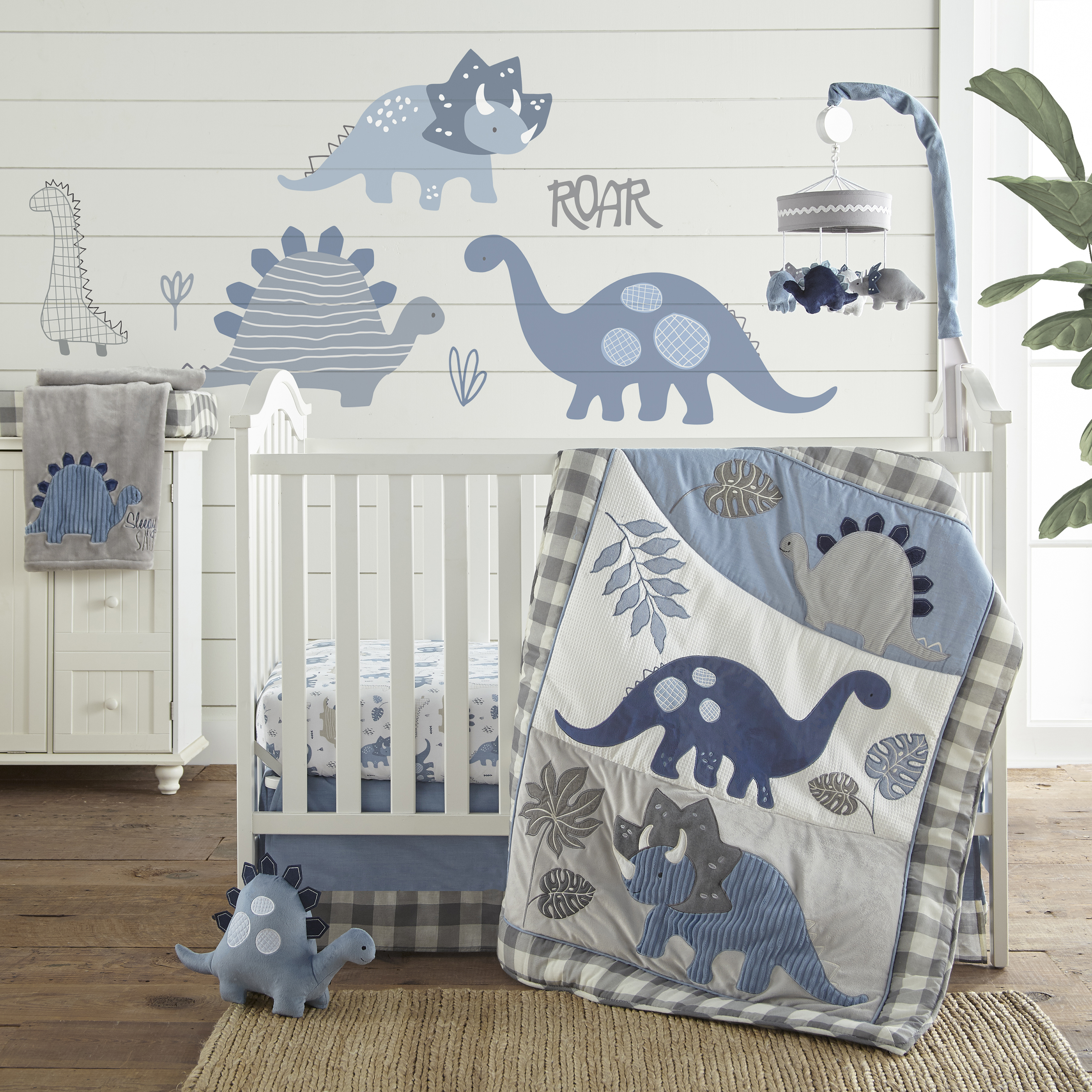 Levtex Baby - Kipton Crib Bed Set - Baby Nursery Set - Grey, White and Blue - Dinosaurs and Leaves - 4 Piece Set Includes Quilt, Fitted Sheet, Wall Decal & Skirt/Dust Ruffle - image 1 of 6