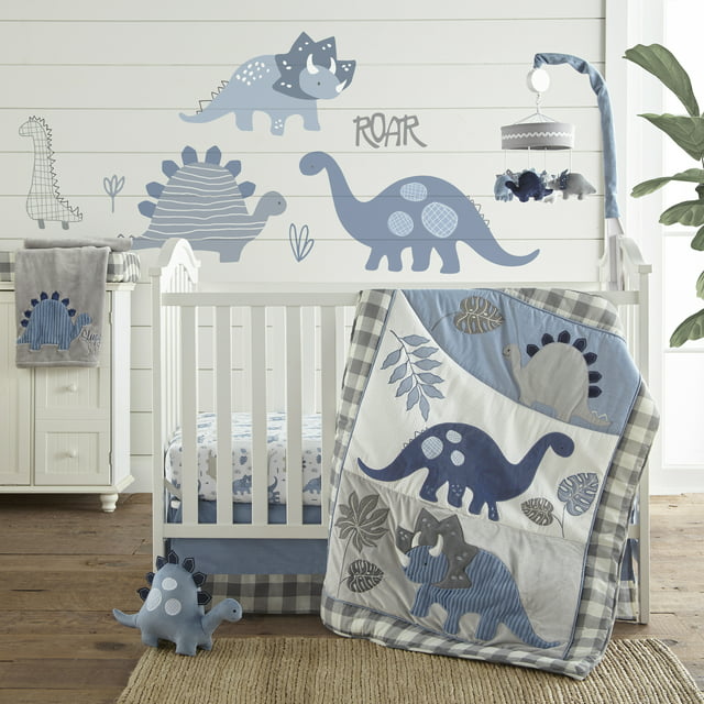 Levtex Baby - Kipton Crib Bed Set - Baby Nursery Set - Grey, White and Blue - Dinosaurs and Leaves - 4 Piece Set Includes Quilt, Fitted Sheet, Wall Decal & Skirt/Dust Ruffle