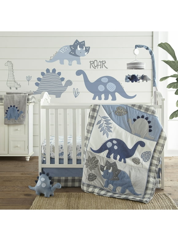 Levtex Baby - Kipton Crib Bed Set - Baby Nursery Set - Grey, White and Blue - Dinosaurs and Leaves - 4 Piece Set Includes Quilt, Fitted Sheet, Wall Decal & Skirt/Dust Ruffle