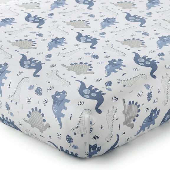 Levtex Baby - Kipton Set Crib Fitted Sheet - Fits Standard Crib and Toddler Mattress - Tossed Dinosaurs and Leaves - Blue, Grey and White - Nursery Accessories - 100% Cotton