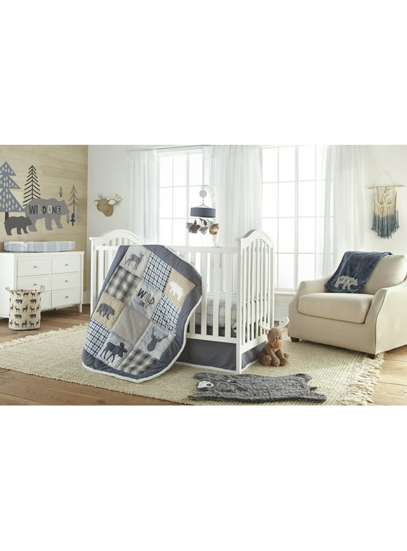 Levtex Baby - Logan Crib Bed Set - Baby Nursery Set - Navy Grey White Blue Taupe Blue - Deers, Bears and Moose - 4 Piece Set Includes Quilt, Fitted Sheet, Wall Decal & Skirt/Dust Ruffle