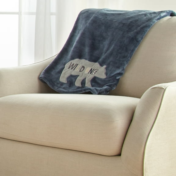 Levtex Baby - Logan Plush Blanket - Appliqued and Embroidered Bear on Navy Plush - Grey and Navy - Nursery Accessories - Blanket Size: 30 x 40 in.