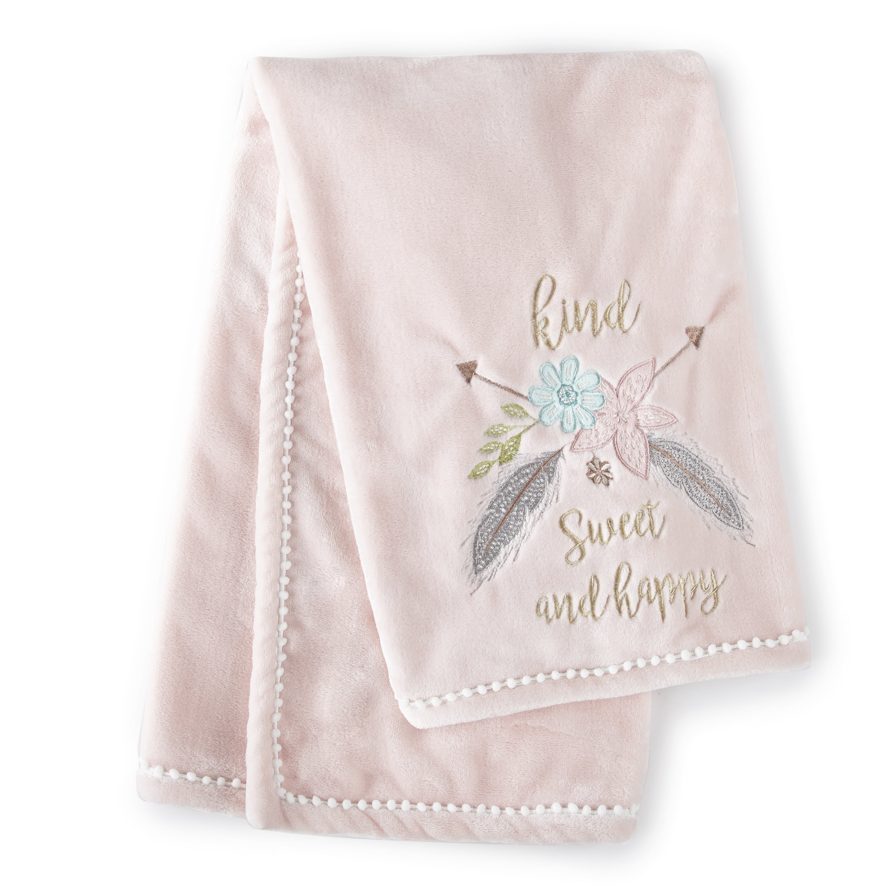 Levtex Baby - Malia Plush Blanket - Embroidered Flowers and Feathers on Pink Plush - Pink, Grey, and Green - Nursery Accessories - Blanket Size: 30 x 40 in.