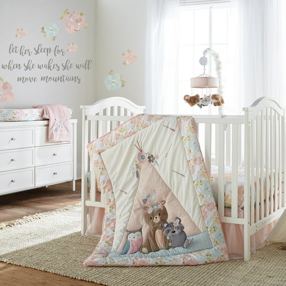 Levtex Baby - Malia Plush Blanket - Embroidered Flowers and Feathers on Pink Plush - Pink, Grey, and Green - Nursery Accessories - Blanket Size: 30 x 40 in.