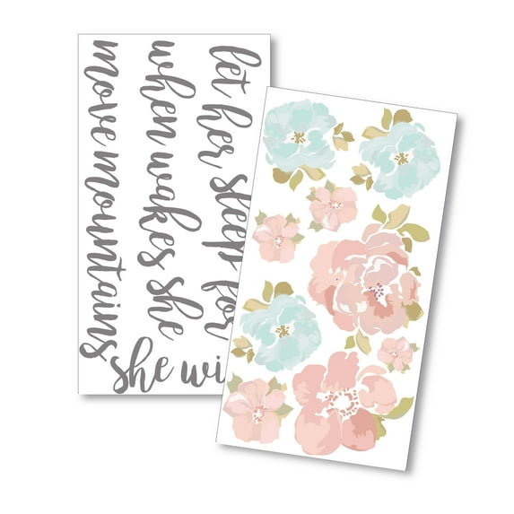Levtex Baby - Malia Resuable Wall Decal - Floral - Pink, Grey, Teal and Green - Nursery Accessories - Size: 35.5 x 20 in.