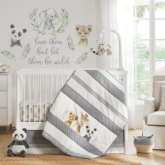 Levtex Baby - Mozambique Crib Bed Set - Baby Nursery Set - Baby Jungle Animals - Grey Taupe Charcoal Green White - 4 Piece Set Includes Quilt, One Fitted Sheet, Wall Decal & Skirt/Dust Ruffle