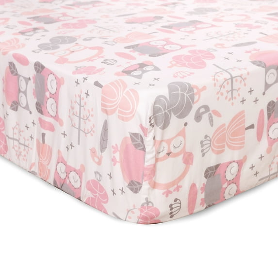 Levtex Baby - Night Owl Pink Crib Fitted Sheet - Fits Standard Crib and Toddler Mattress - Tossed Owls and Trees - Pink, Grey, White - Nursery Accessories - 100% Cotton