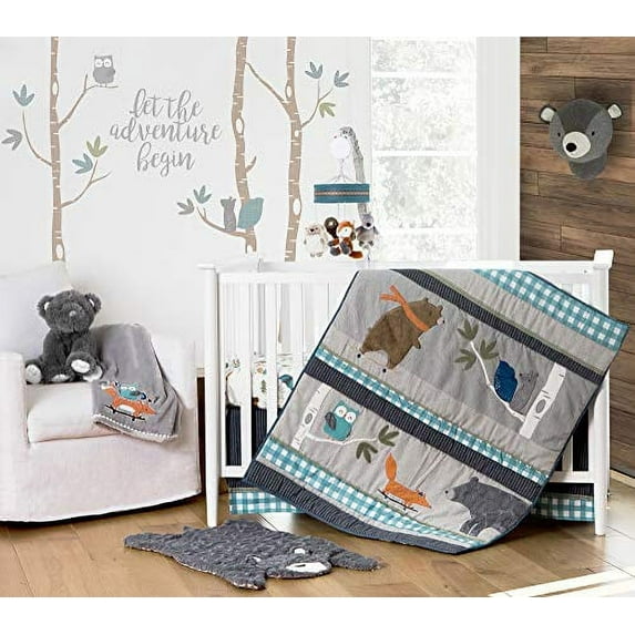 Levtex Baby Play Day 5-Piece Woodland Forest Crib Bedding Set, Blues and Grey