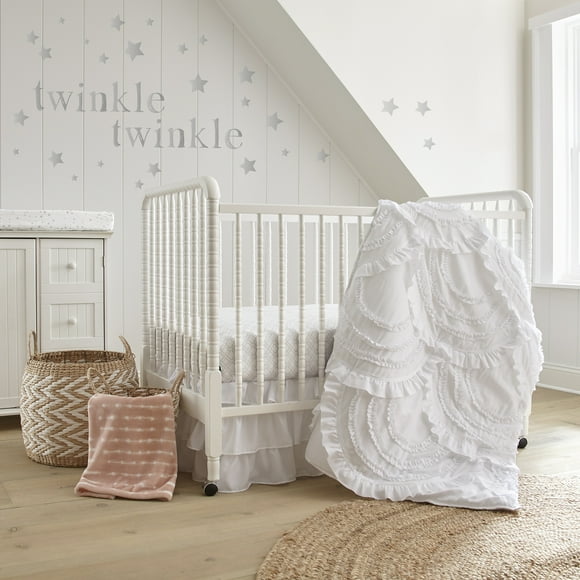Levtex Baby - Skylar Crib Bed Set - Baby Nursery Set - White - Fancy Frills - 4 Piece Set Includes Quilt, Fitted Sheet, Wall Decal & Crib Skirt/Dust Ruffle