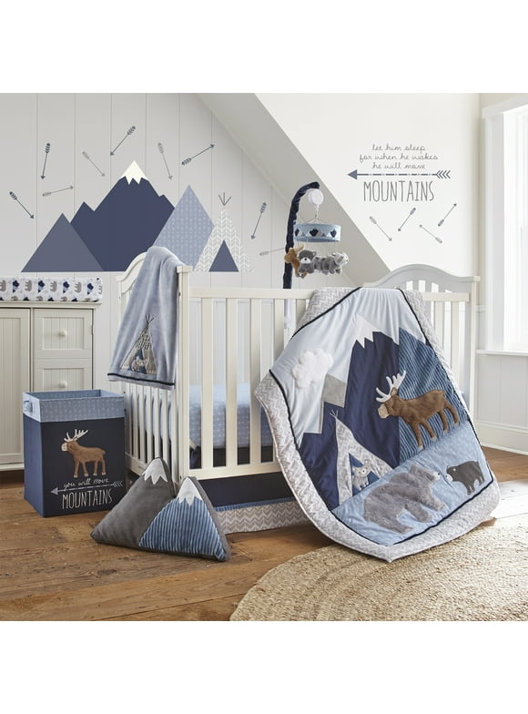 Levtex Baby - Trail Mix Crib Bed Set - Baby Nursery Set - Grey, Navy, White and Blue - Bear Mountains - 4 Piece Set Includes Quilt, Fitted Sheet, Wall Decal & Skirt/Dust Ruffle