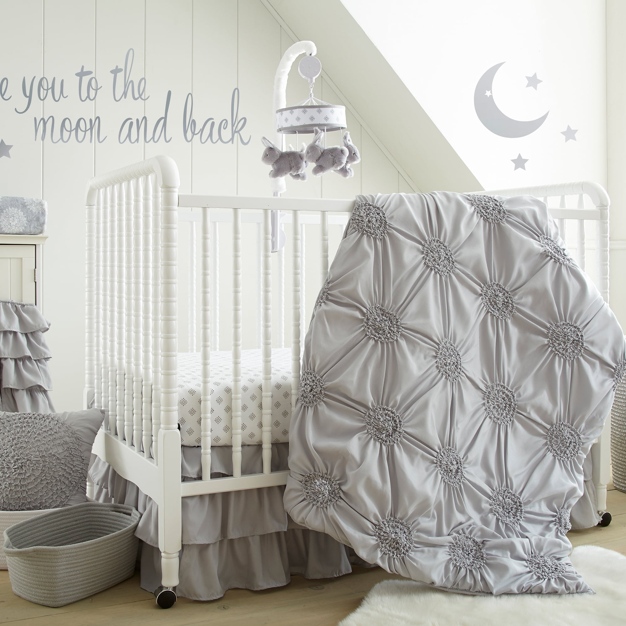 Levtex Baby - Willow Crib Bed Set - Baby Nursery Set - Grey - Soft Rosette Pintuck - 5 Piece Set Includes Quilt, Fitted Sheet, Diaper Stacker, Wall Decal & Crib Skirt/Dust Ruffle