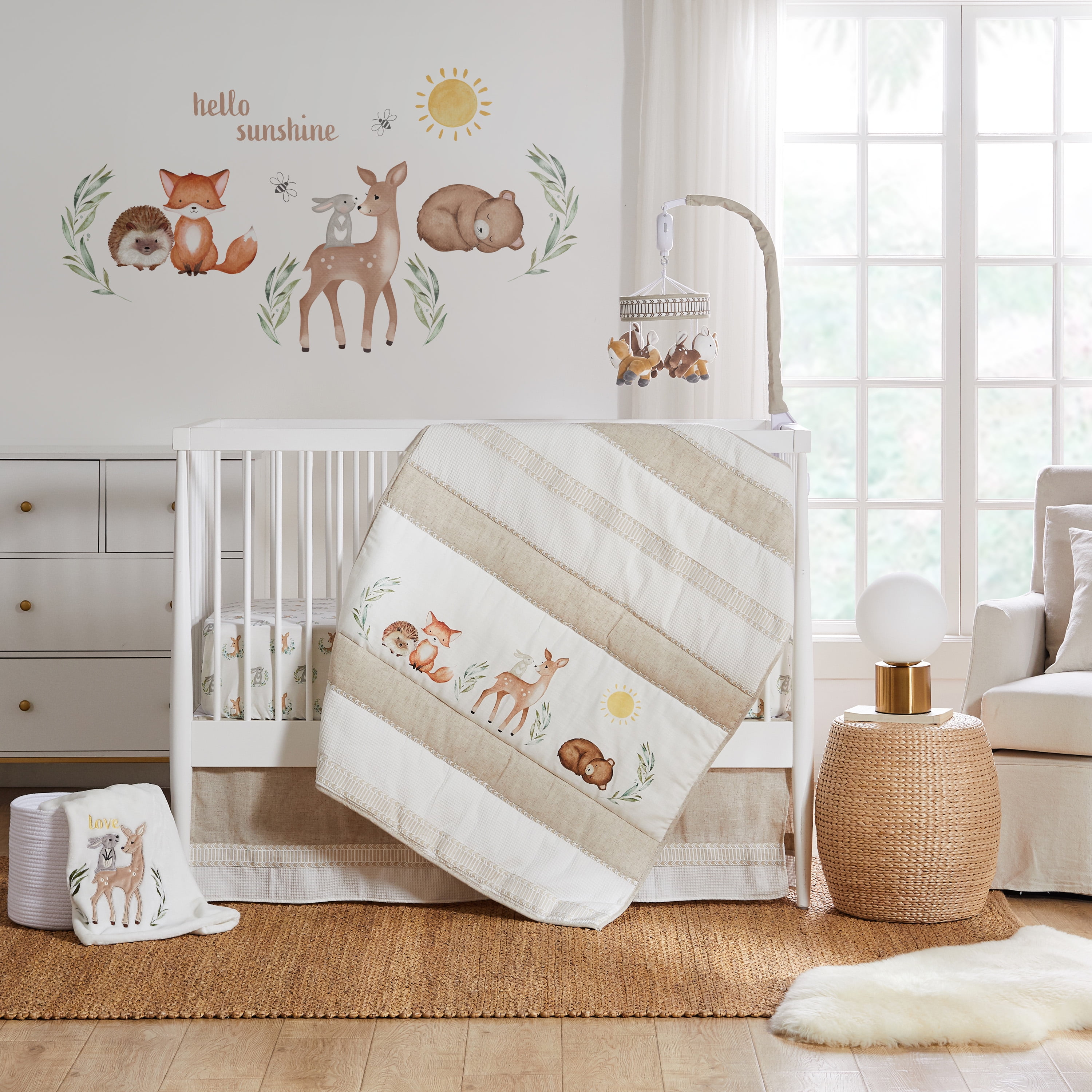 Levtex Baby - Woodland Pals Crib Bed Set - Baby Nursery Set - Woodland Babies - Cream Taupe Brown Green - 5 Piece Set Includes Quilt, One Fitted Sheet, Wall Decal, Skirt/Dust Ruffle & Basket