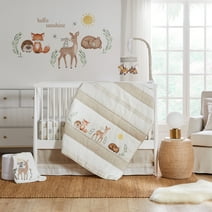 Levtex Baby - Woodland Pals Crib Bed Set - Baby Nursery Set - Woodland Babies - Cream Taupe Brown Green - 5 Piece Set Includes Quilt, One Fitted Sheet, Wall Decal, Skirt/Dust Ruffle & Basket