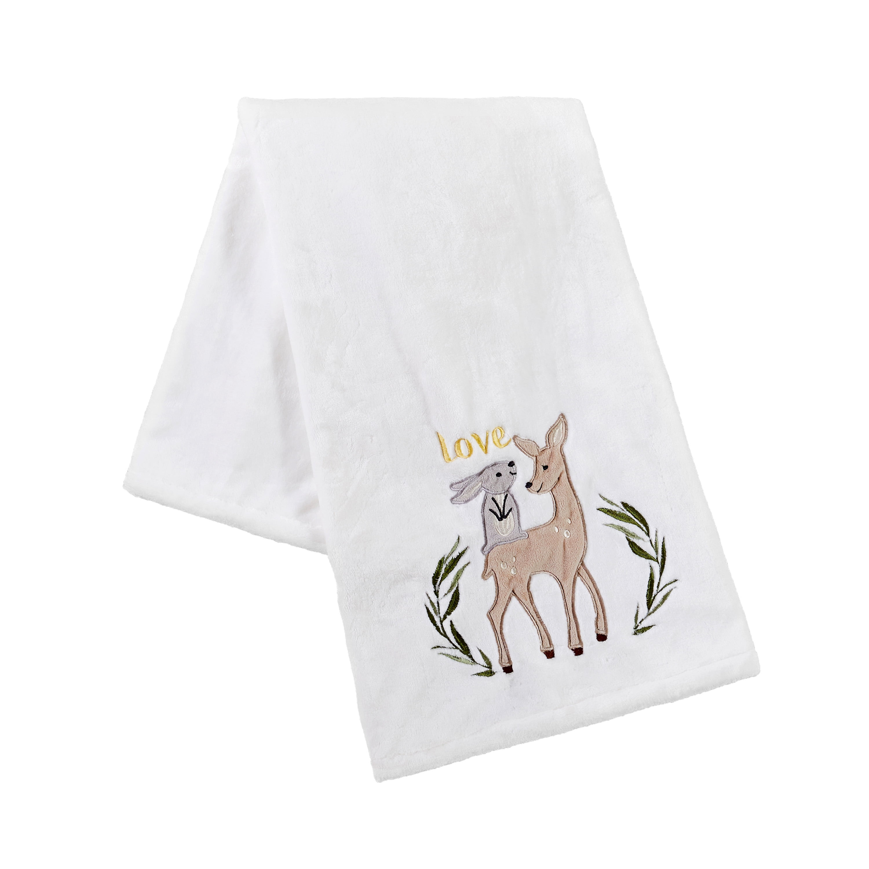 Levtex Baby - Woodland Pals Plush Blanket - Appliqued and Embroidered Bunny and Deer on Cream Plush - Taupe, Grey, Green - Nursery Accessories - Blanket Size: 30 x 40 in.