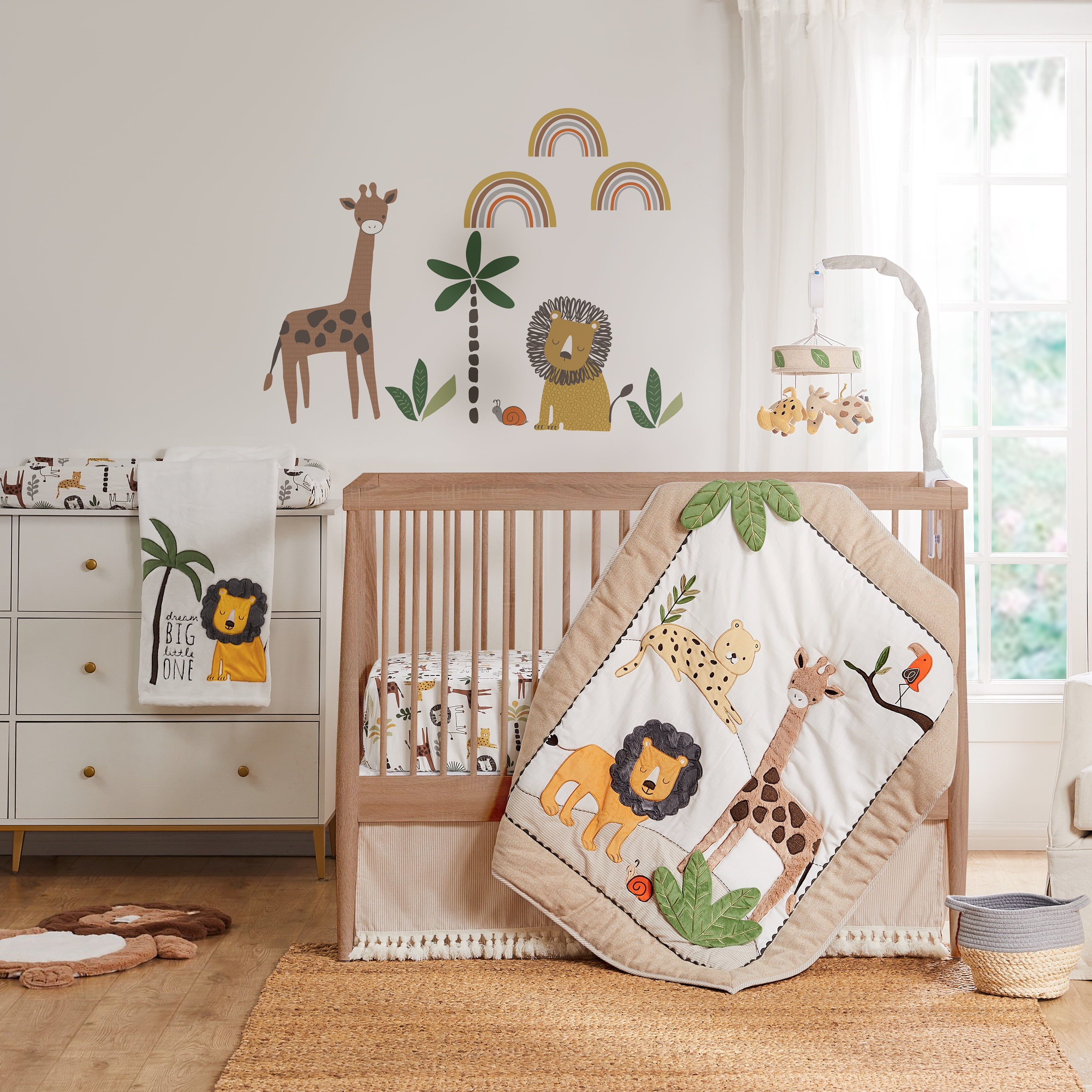 Levtex Baby - Zuma Crib Bed Set - Baby Nursery Set - Jungle - Taupe, Green, Brown, Cream - Jungle Animals - 4 Piece Set Includes Quilt, Fitted Sheet, Wall Decal & Crib Skirt/Dust Ruffle