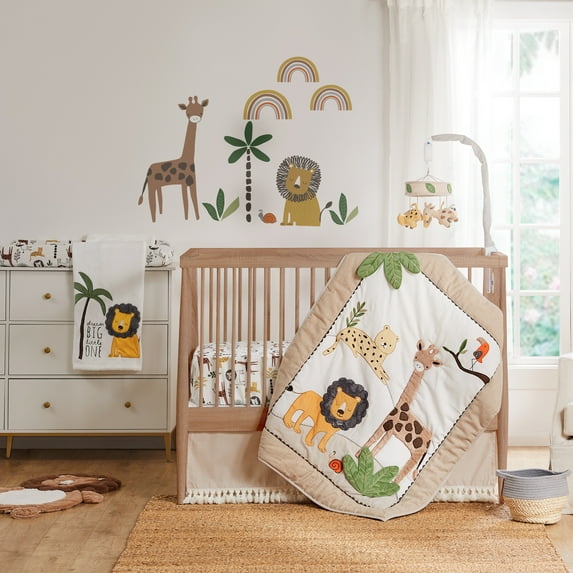 Levtex Baby - Zuma Crib Bed Set - Baby Nursery Set - Jungle - Taupe, Green, Brown, Cream - Jungle Animals - 4 Piece Set Includes Quilt, Fitted Sheet, Wall Decal & Crib Skirt/Dust Ruffle
