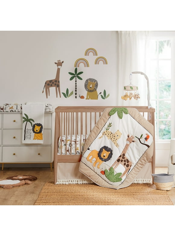 Levtex Baby - Zuma Crib Bed Set - Baby Nursery Set - Jungle - Taupe, Green, Brown, Cream - Jungle Animals - 4 Piece Set Includes Quilt, Fitted Sheet, Wall Decal & Crib Skirt/Dust Ruffle