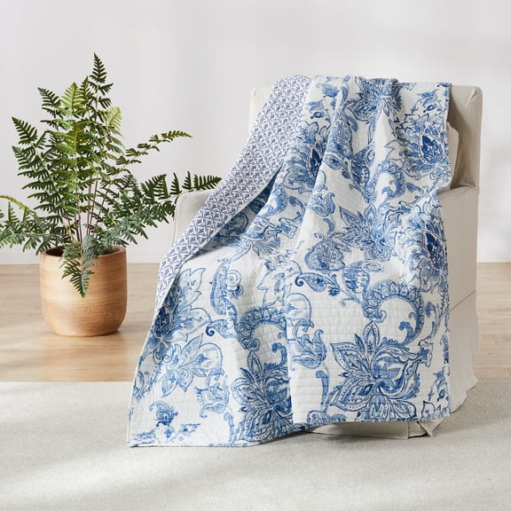 Levtex - Bennett - Quilted Throw - 50x60in. - Floral Paisley - Blue and White - Reversible Pattern - Cotton Fabric